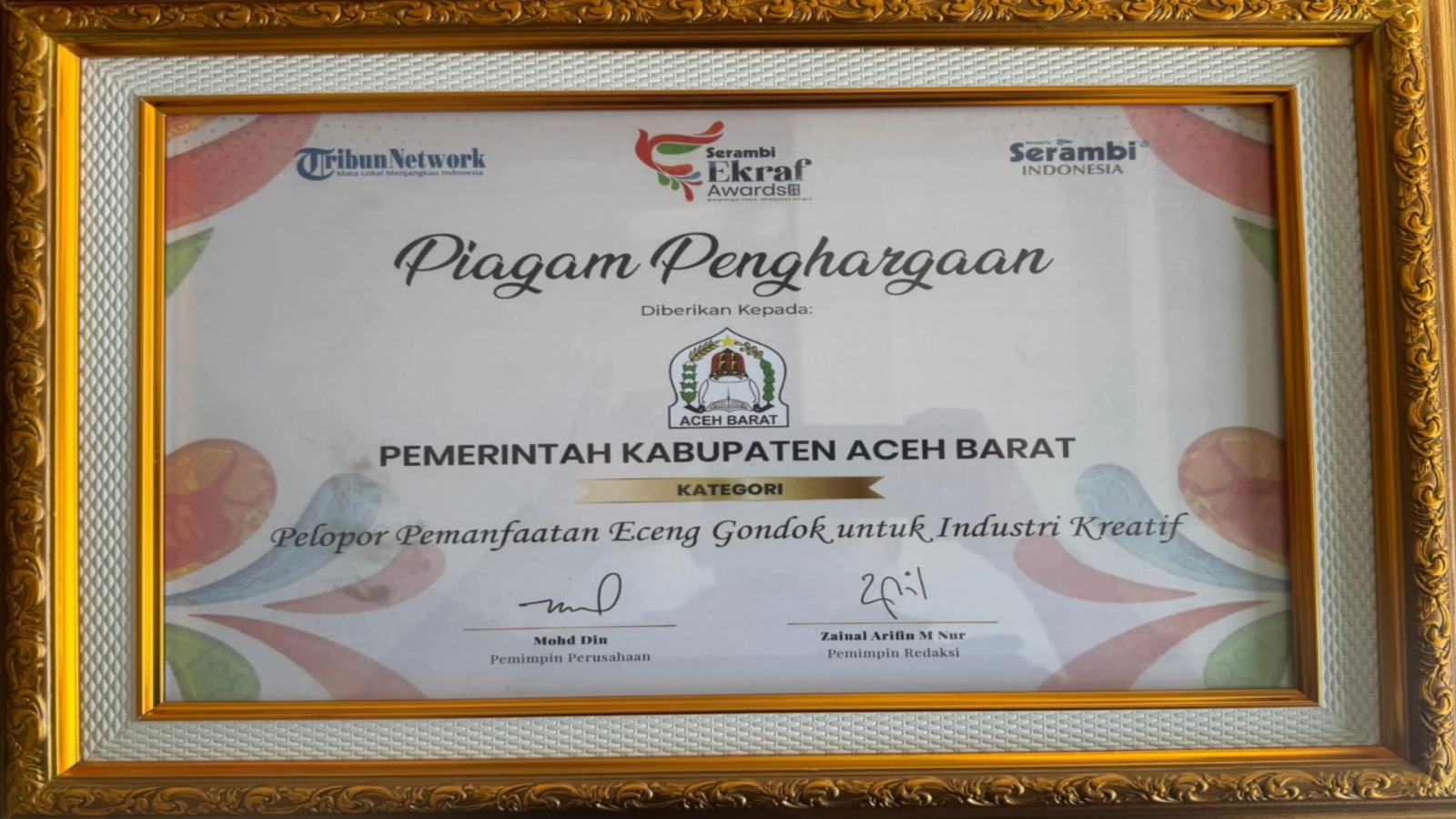 Pemerintah Kabupaten Aceh Barat raih Serambi Ekraf Awards 2025 kategori Pelopor Pemanfaatan Eceng Gondok untuk Industri Kreatif (Muhibbul Jamil/Lintas Sumba)