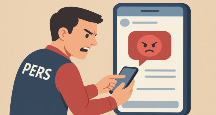 Gambar Ilustrasi. bergaya flat menunjukkan seorang wartawan dengan rompi bertuliskan "PERS" sedang mengetik status di ponselnya. Ekspresi wajahnya tampak marah, sementara di layar besar ponsel terlihat balon percakapan berwarna merah dengan ikon wajah kesal. Gambar menekankan wartawan yang menggunakan media sosial untuk meluapkan emosi pribadi (Johan Sogara/Lintas Sumba)