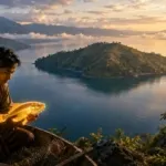 Seorang nelayan memegang ikan emas dalam ilustrasi legenda Danau Toba, cerita rakyat Nusantara yang mengisahkan asal-usul terbentuknya Danau Toba dan Pulau Samosir akibat janji yang diingkari (Johan Sogara/Lintas Sumba)
