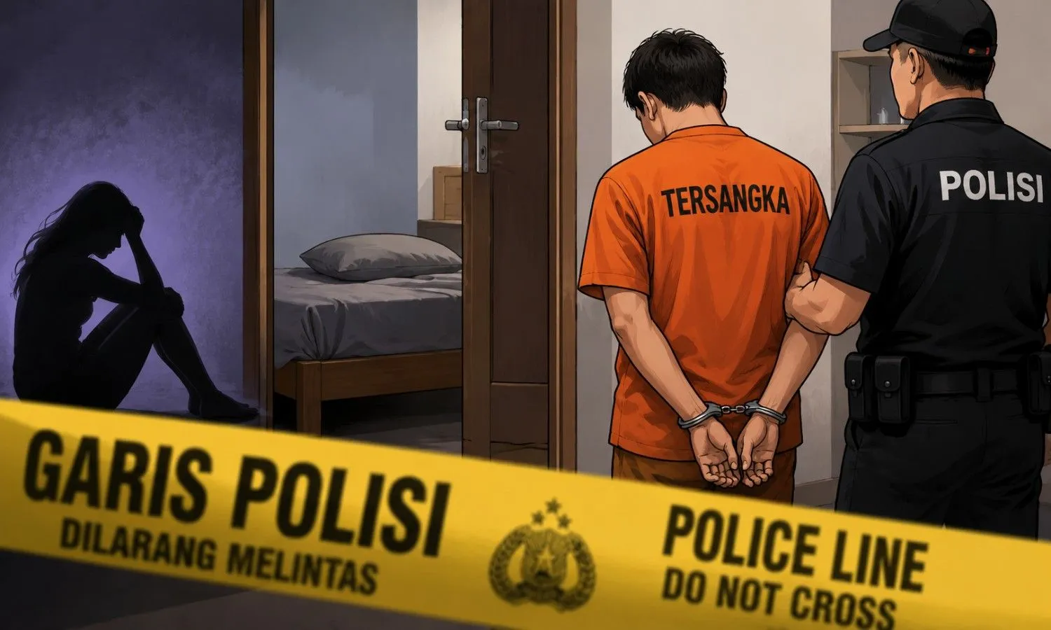 Ilustrasi garis polisi dan proses penangkapan tersangka sebagai gambaran pemberitaan kasus dugaan pembunuhan seorang perempuan WNI di Denpasar, Bali. Gambar ini merupakan ilustrasi digital dan tidak menampilkan kejadian atau sosok sebenarnya (Johan Sogara/ Lintas Sumba)