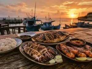 Suasana dan kuliner seafood di kawasan Pelabuhan Waingapu, Sumba Timur, yang menjadi salah satu destinasi favorit wisatawan untuk menikmati hidangan laut saat senja (Johan Sogara/Lintas Sumba)