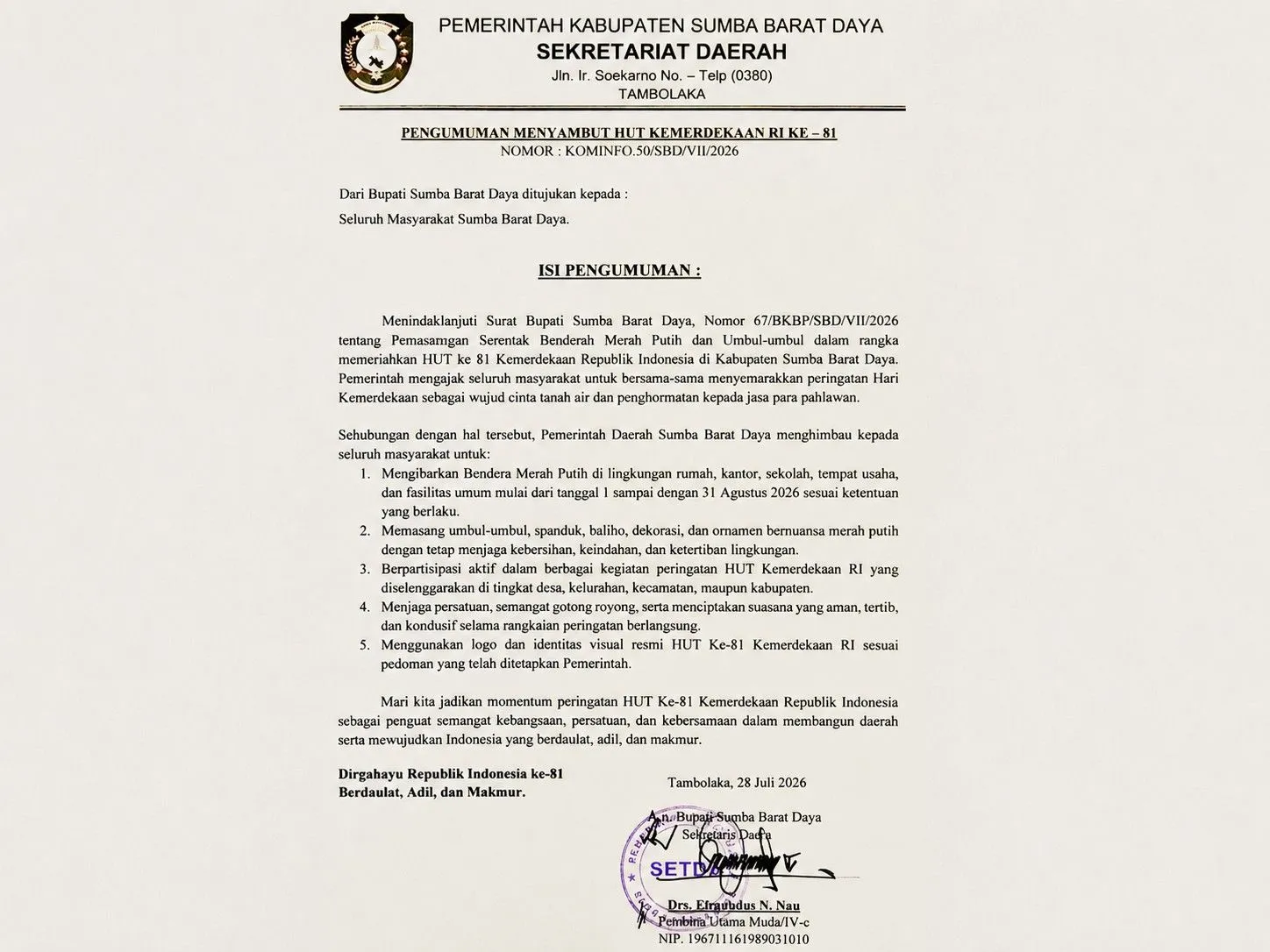 Pengumuman Pemerintah Kabupaten Sumba Barat Daya (SBD) mengenai imbauan menyemarakkan HUT Ke-81 Kemerdekaan Republik Indonesia selama bulan Agustus 2026 (Prokompi Sumba Barat Daya)